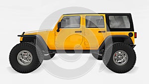 Powerful yellow tuned SUV for expeditions in mountains, swamps, desert and any rough terrain. Big wheels, lift