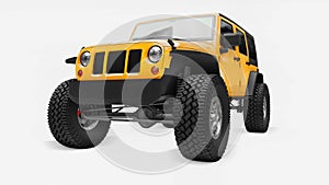 Powerful yellow tuned SUV for expeditions in mountains, swamps, desert and any rough terrain. Big wheels, lift