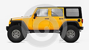 Powerful yellow tuned SUV for expeditions in mountains, swamps, desert and any rough terrain. Big wheels, lift