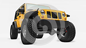 Powerful yellow tuned SUV for expeditions in mountains, swamps, desert and any rough terrain. Big wheels, lift