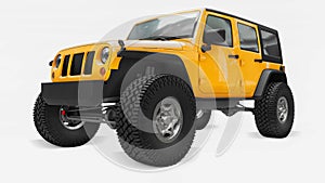 Powerful yellow tuned SUV for expeditions in mountains, swamps, desert and any rough terrain. Big wheels, lift