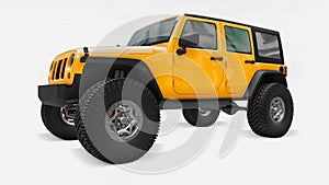 Powerful yellow tuned SUV for expeditions in mountains, swamps, desert and any rough terrain. Big wheels, lift