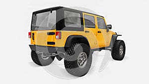 Powerful yellow tuned SUV for expeditions in mountains, swamps, desert and any rough terrain. Big wheels, lift