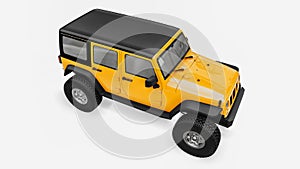 Powerful yellow tuned SUV for expeditions in mountains, swamps, desert and any rough terrain. Big wheels, lift