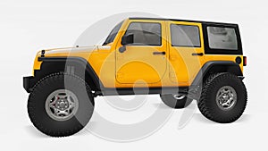 Powerful yellow tuned SUV for expeditions in mountains, swamps, desert and any rough terrain. Big wheels, lift