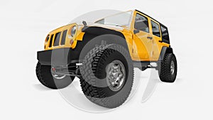 Powerful yellow tuned SUV for expeditions in mountains, swamps, desert and any rough terrain. Big wheels, lift