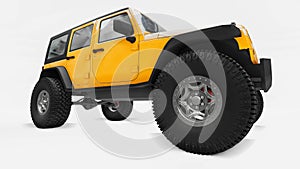 Powerful yellow tuned SUV for expeditions in mountains, swamps, desert and any rough terrain. Big wheels, lift