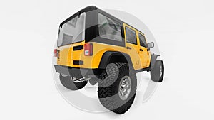 Powerful yellow tuned SUV for expeditions in mountains, swamps, desert and any rough terrain. Big wheels, lift