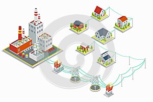 Powerhouse and electric energy distribution vector infographic. 3D isometric concept