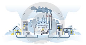 Powering buildings with electricity from power plant station outline concept