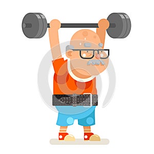 Powerlifting fitness healthy activities grandfather adult old age man character cartoon flat design vector illustration