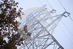 Powerline tower disappearing into the fog.