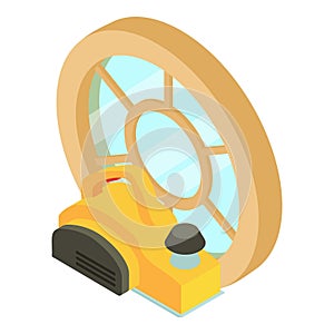 Powertool icon isometric vector. Yellow power electro planer and round window