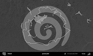 powiat piski outlined, Poland. Grayscale