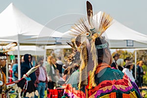 Powwow. Native Americans dressed in full Regalia. Close-up details of Regalia