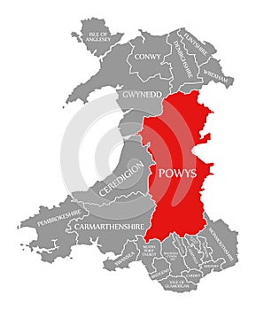 Powys red highlighted in map of Wales photo