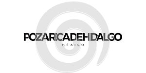 Poza Rica de Hidalgo in the Mexico emblem. The design features a geometric style, vector illustration with bold typography in a