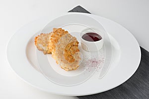 Pozharsky cutlets from breading chicken with sauce and decoration