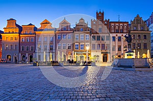 Poznan. Old Town Square with famous medieval houses at sunrise.