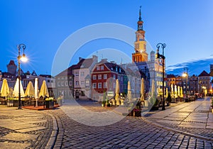 Poznan. Old Town Square with famous medieval houses at sunrise.