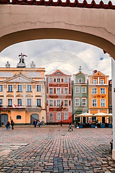 Poznan, Poland 2018-09-22, Beautiful Poznan colorful old city, colorful houses, monumental, historic building and fountain, old ma