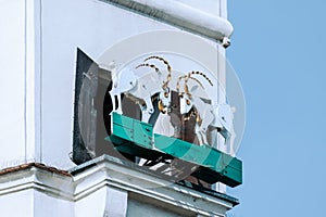 Poznan, Poland - goats butting horns at the clock tower of the Poznan Town Hall. photo