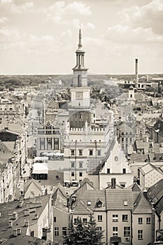 Poznan, Poland - June 28, 2016: Black and white photo, Town hall, old and modern buildings in city Poznan