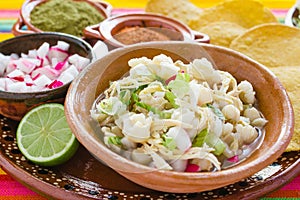 Pozole Mexican corn soup, Traditional food in Mexico made with corn grains photo
