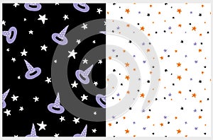 Halloween Seamless Vector Patterns with With Hats and Stars. photo