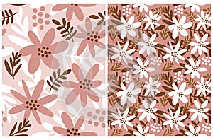 Cute Hand Drawn Floral Vector Patterns with Pink and White Flowers
