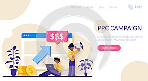 PPC campaign concept. Pay Per Click illustration. Man with a laptop and a loudspeaker advertise a product or customer