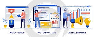 PPC campaign management, digital strategy concept with tiny people. Digital marketing plan vector illustration set. Pay-per-click