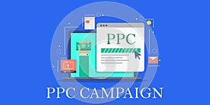 PPC campaign, pay per click, paid marketing, click through rate optimization, business ctr strategy concept. Flat design banner.
