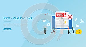 Ppc paid or pay per click concept with people team for website template or banner landing homepage - vector