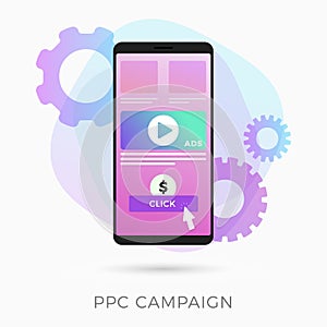 PPC - Pay Per Click advertising, conversion and marketing flat vector concept with icons and texts. Smartphone with content