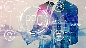 PPC - Pay per click concept with businessman holding a tablet