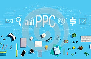 PPC - Pay per click concept with electronic gadgets and office supplies