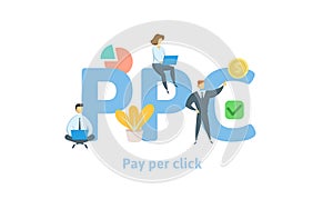 PPC, pay per click. Concept with keywords, letters, and icons. Flat vector illustration. Isolated on white background.