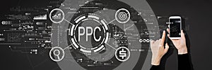 PPC - Pay per click concept with person using a smartphone