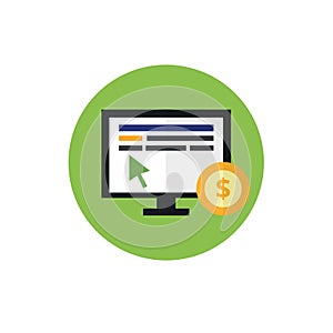 PPC - pay per click flat icon. Internrt advertising concept. The mouse on the monitor and coin. For website graphics, mobil