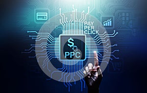 PPC Pay per click payment technology digital marketing internet business concept on virtual screen. photo