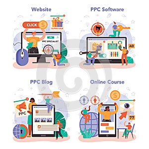 PPC specialist online service or platform set. Pay per click manager