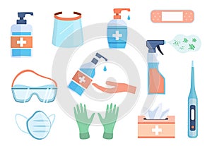 Ppe icons. Hand sanitizer bottles, antiseptic wipes and antibacterial liquid soap, med mask and respirator, gloves