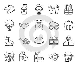 Ppe line icons. Protection equipments, masks and goggles, doctor gown, gloves and shield, sanitizer gel and spray, hair