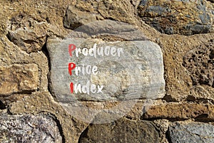PPI Producer price index symbol. Concept words PPI Producer price index on beautiful big stone in stone wall. Beautiful stone wall