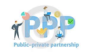 PPP, Public-private partnership. Concept with keywords, letters and icons. Flat vector illustration. Isolated on white