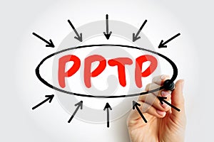PPTP - Point to Point Tunnelling Protocol acronym text with arrows, technology concept for presentations and reports