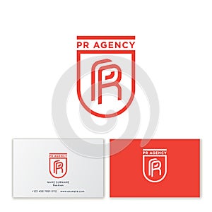 PR agency logo. P and R monogram consist of thin lines in a shield . Web, user interface icon.