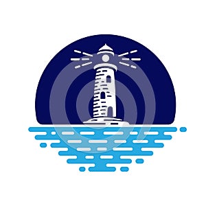 Blue Lighthouse Logo Design. Vector Illustration.