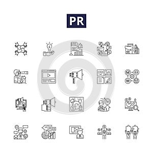 Pr line vector icons and signs. Primp, Presell, Propel, Pragmatic, Provision, Proactive, Prolific, Presto outline vector photo